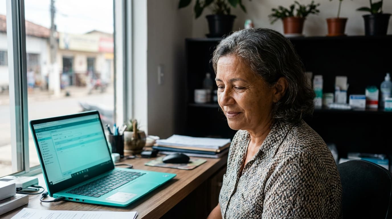 Dona de pequeno negócio consultando o diagnóstico do site no notebook
